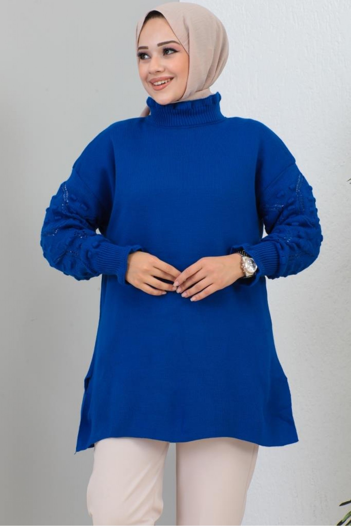 Kolları Detaylı Yarım Balıkçı Yaka Triko Kazak Saks Mavisi 3008 Kolları Detaylı Yarım Balıkçı Yaka Triko Kazak Saks Mavisi 3008