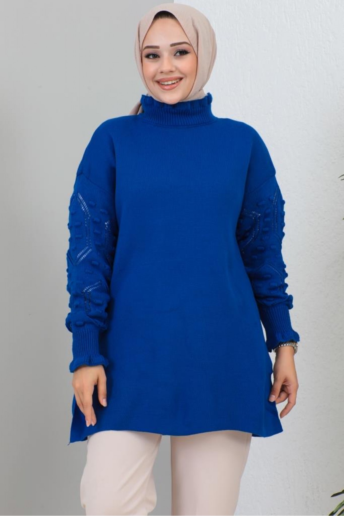 Kolları Detaylı Yarım Balıkçı Yaka Triko Kazak Saks Mavisi 3008 Kolları Detaylı Yarım Balıkçı Yaka Triko Kazak Saks Mavisi 3008