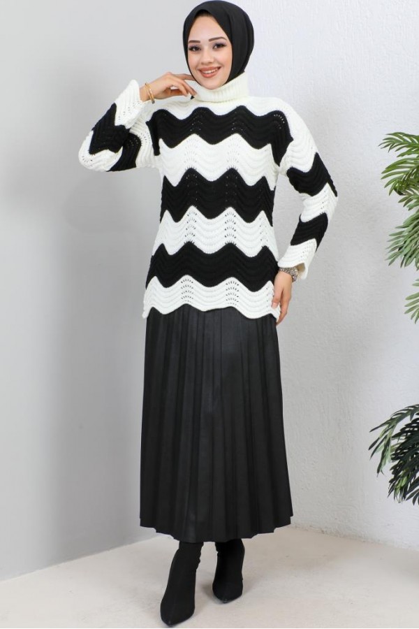 Balıkçı Yaka Dalga Desenli Triko Kazak Ekru 7003 Balıkçı Yaka Dalga Desenli Triko Kazak Ekru 7003