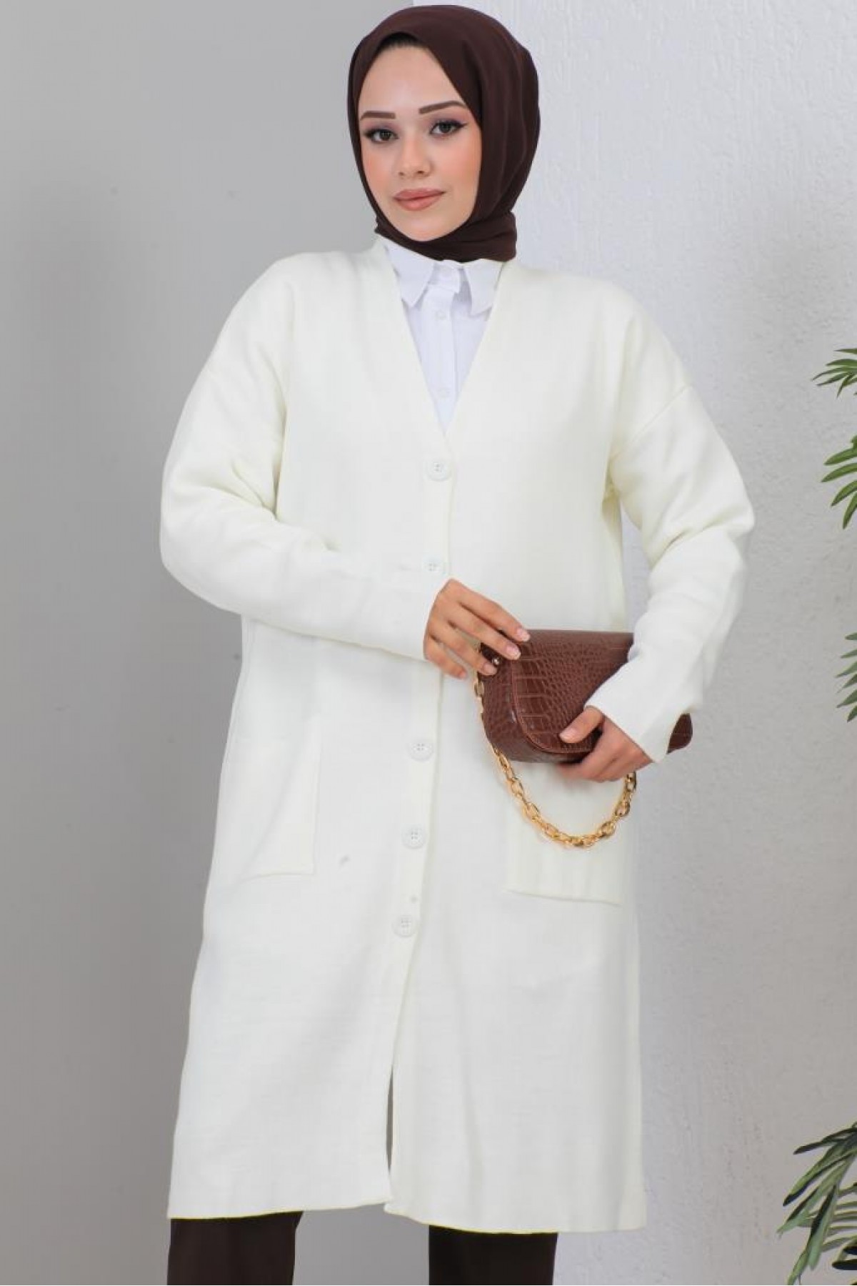  Uzun Triko Hırka Ekru 2446