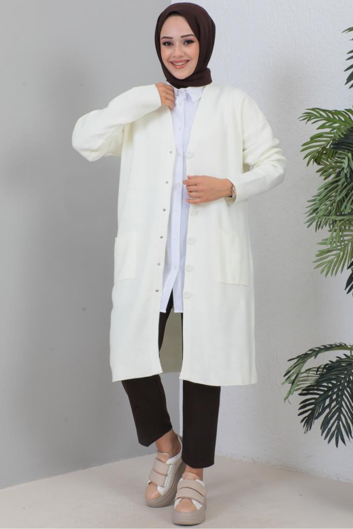  Uzun Triko Hırka Ekru 2446