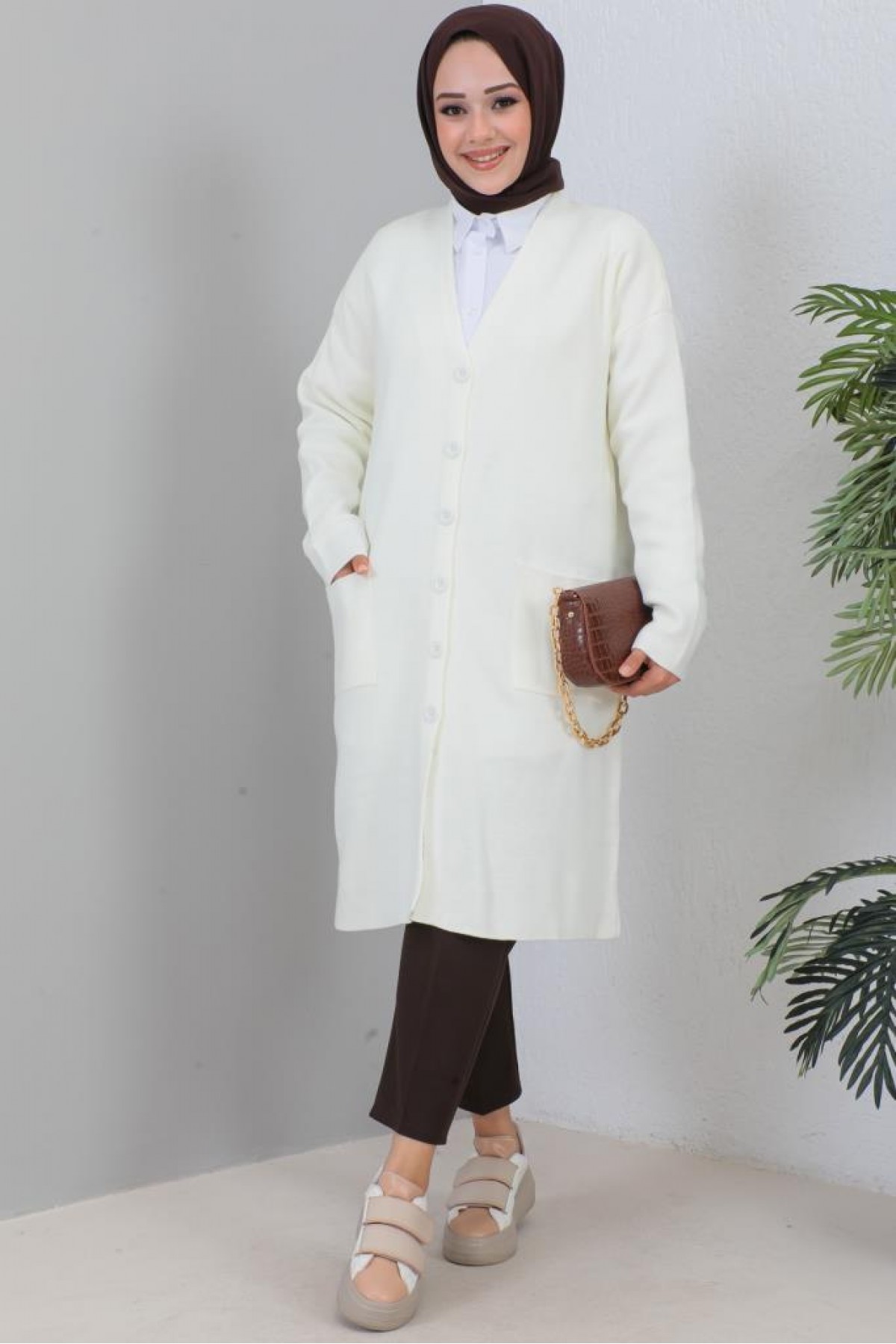  Uzun Triko Hırka Ekru 2446