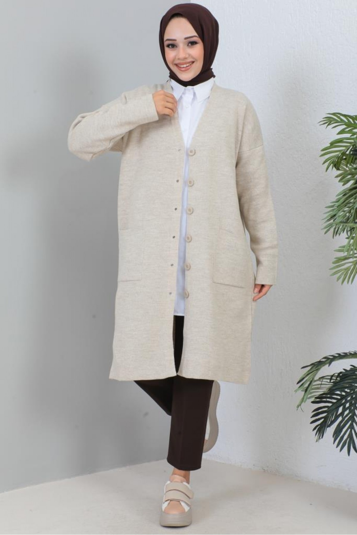 Uzun Triko Hırka Taş Rengi 2446 Uzun Triko Hırka Taş Rengi 2446
