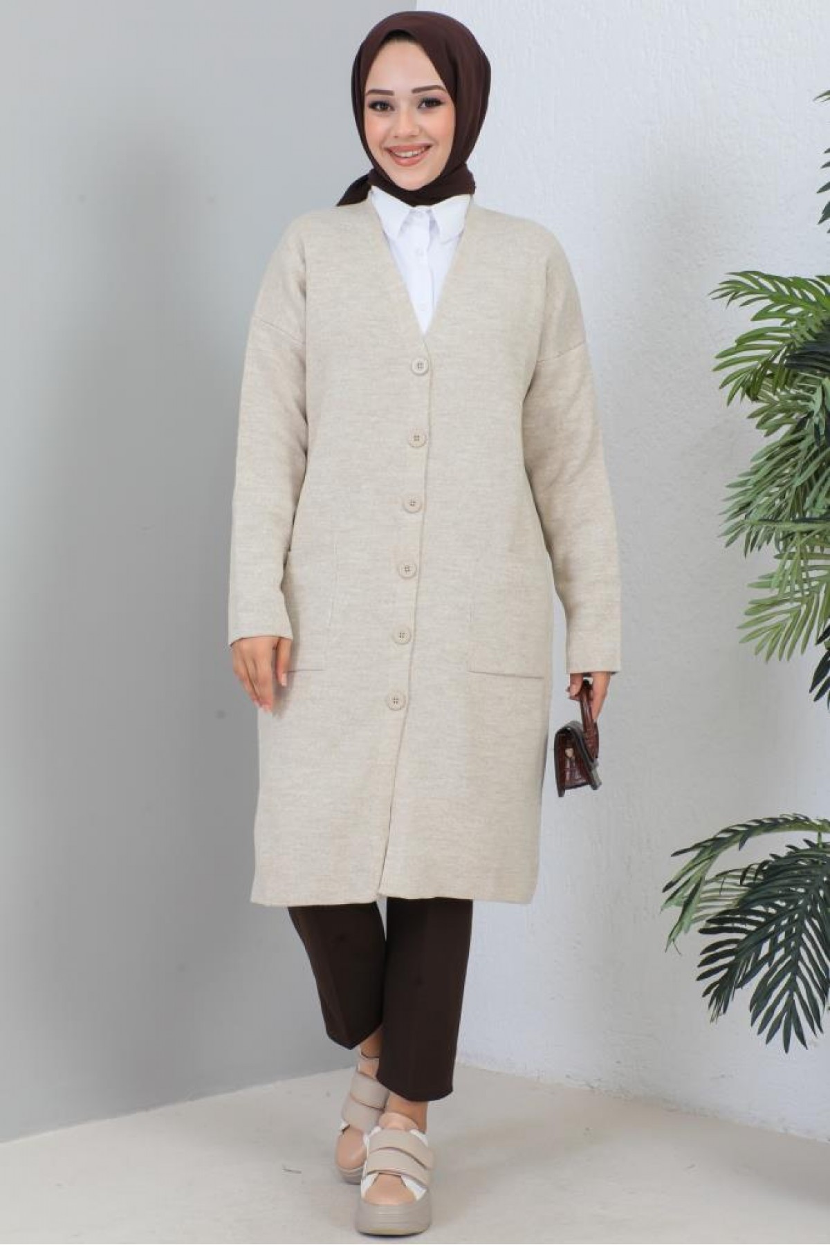 Uzun Triko Hırka Taş Rengi 2446 Uzun Triko Hırka Taş Rengi 2446