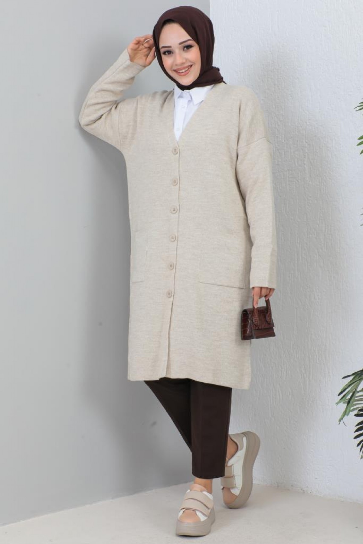 Uzun Triko Hırka Taş Rengi 2446 Uzun Triko Hırka Taş Rengi 2446