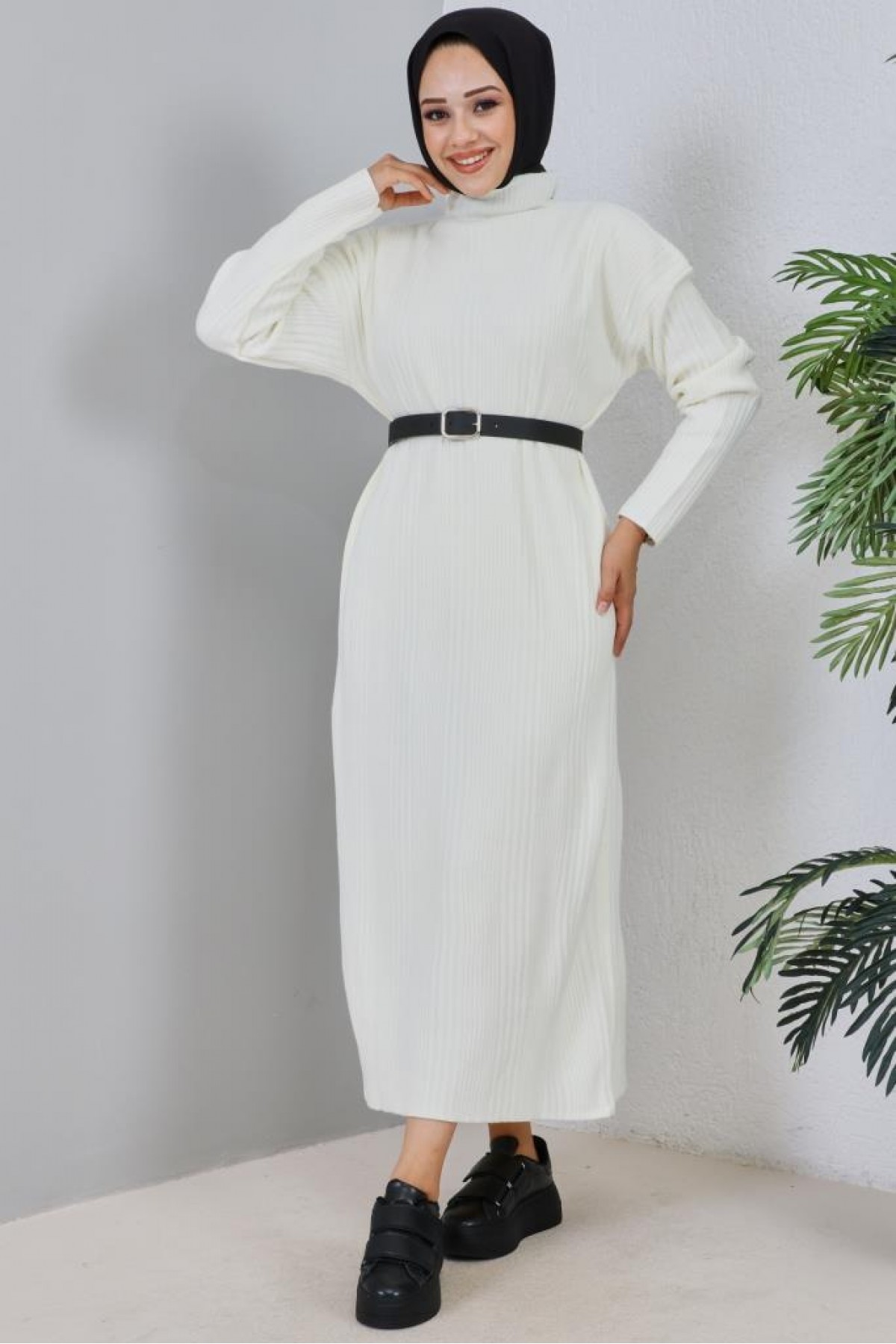 Fitilli Triko Elbise Ekru 2455 Fitilli Triko Elbise Ekru 2455