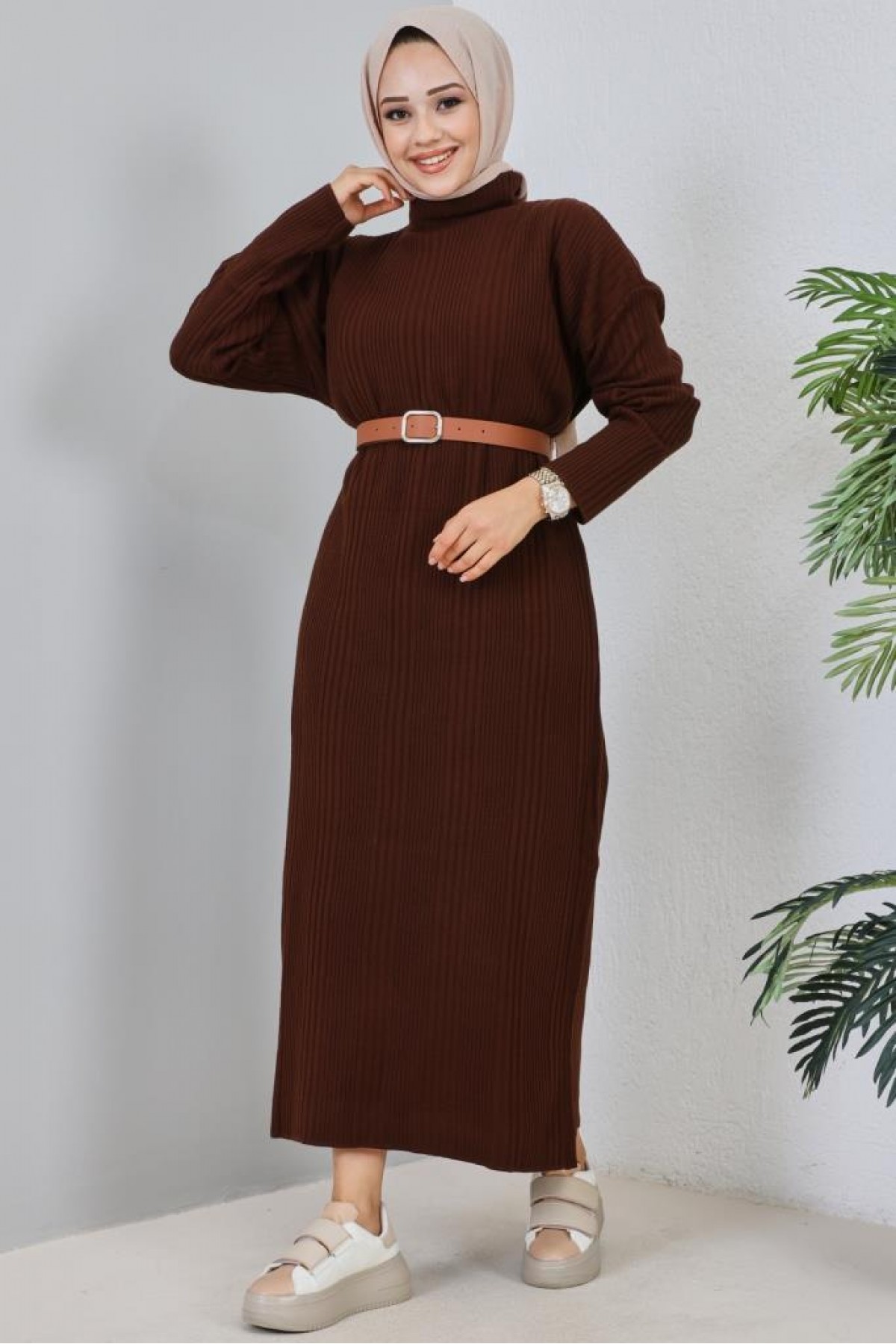 Fitilli Triko Elbise Kahverengi 2455