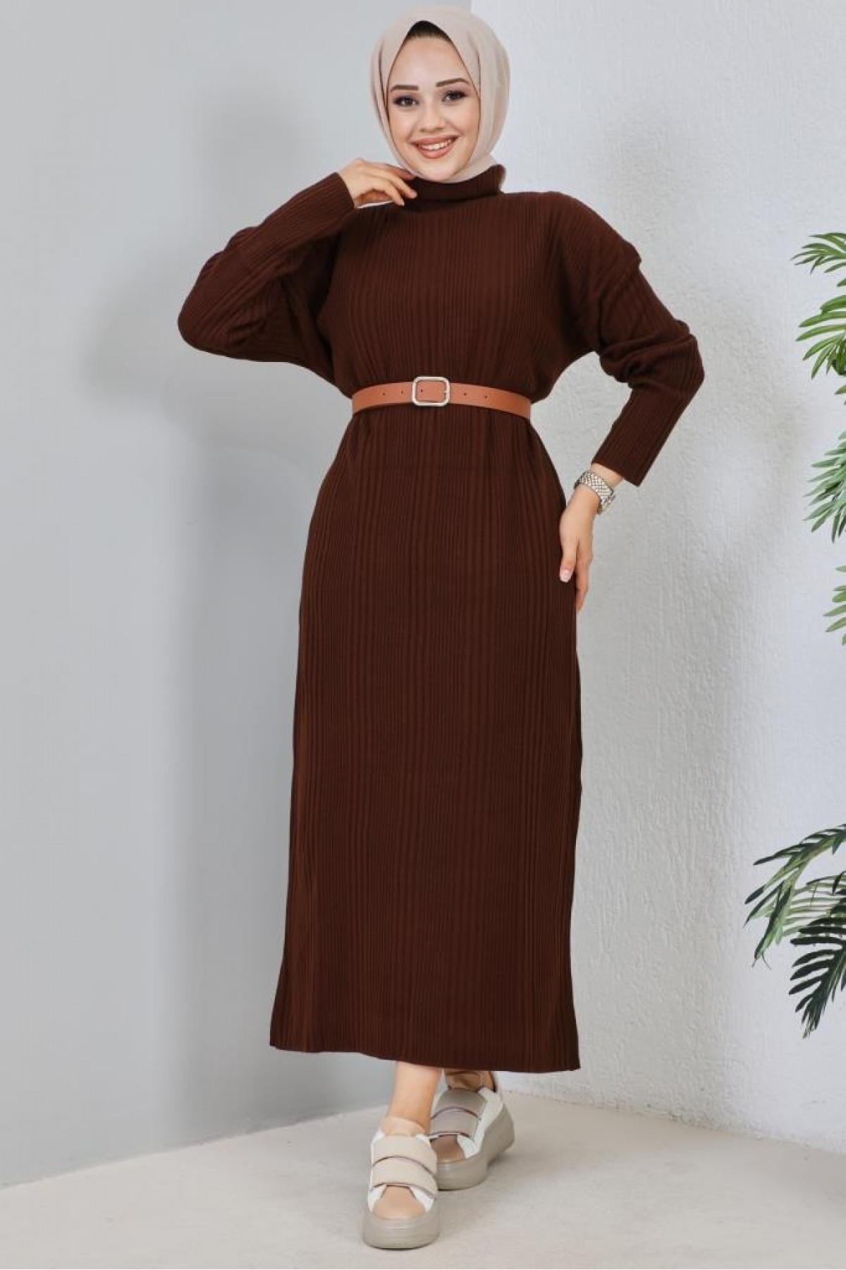  Fitilli Triko Elbise Kahverengi 2455