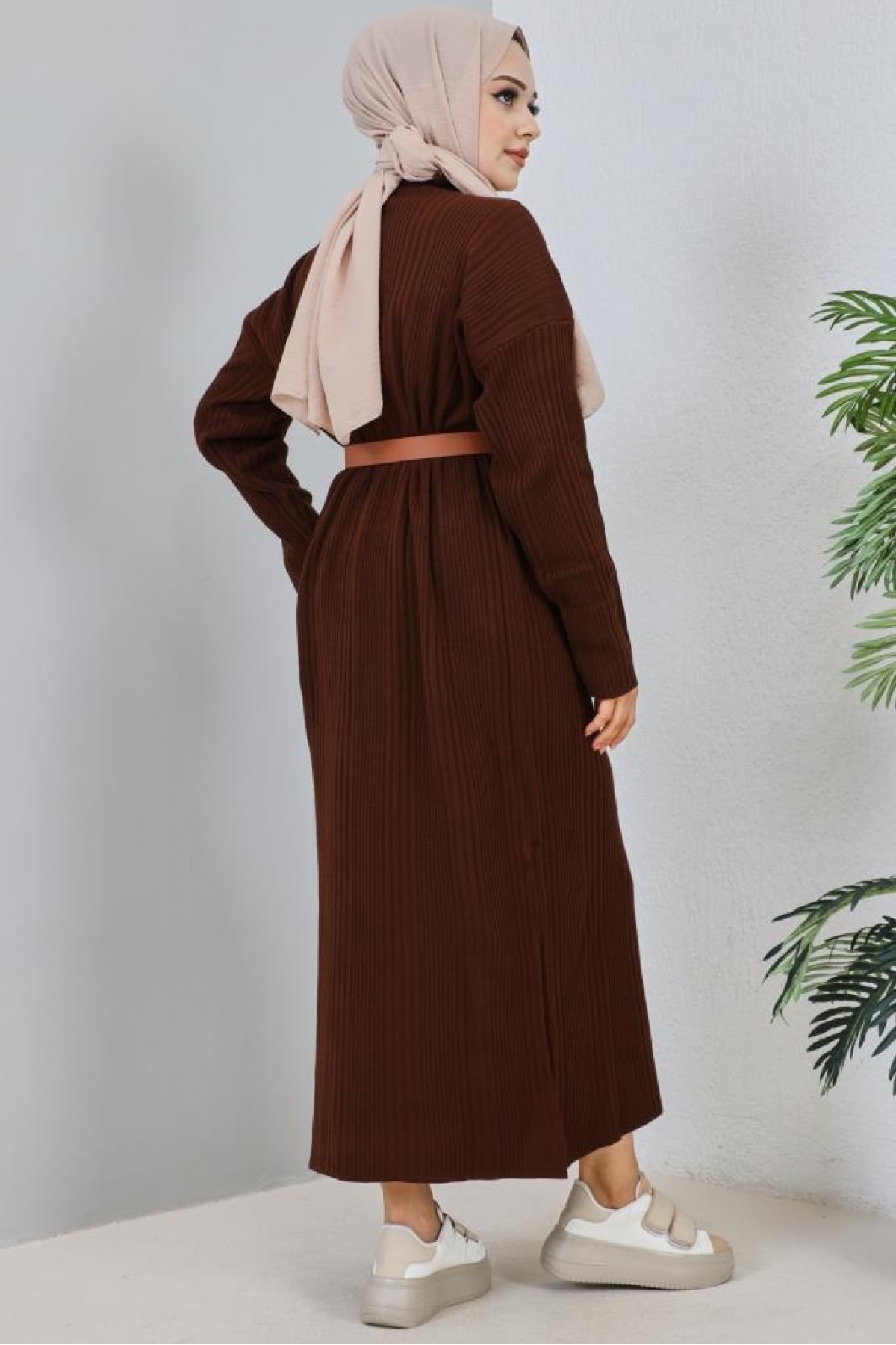  Fitilli Triko Elbise Kahverengi 2455