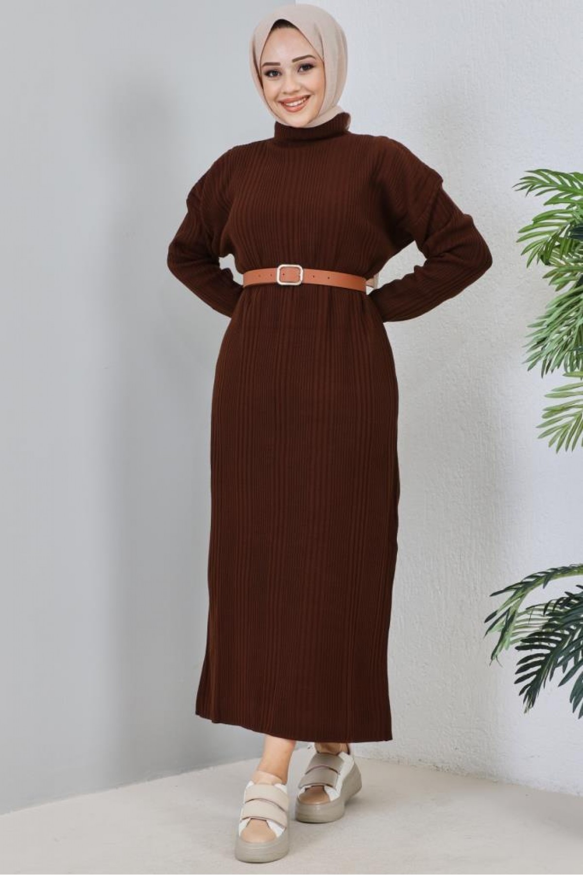  Fitilli Triko Elbise Kahverengi 2455