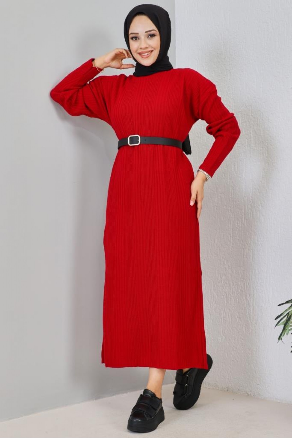  Fitilli Triko Elbise Kırmızı 2455