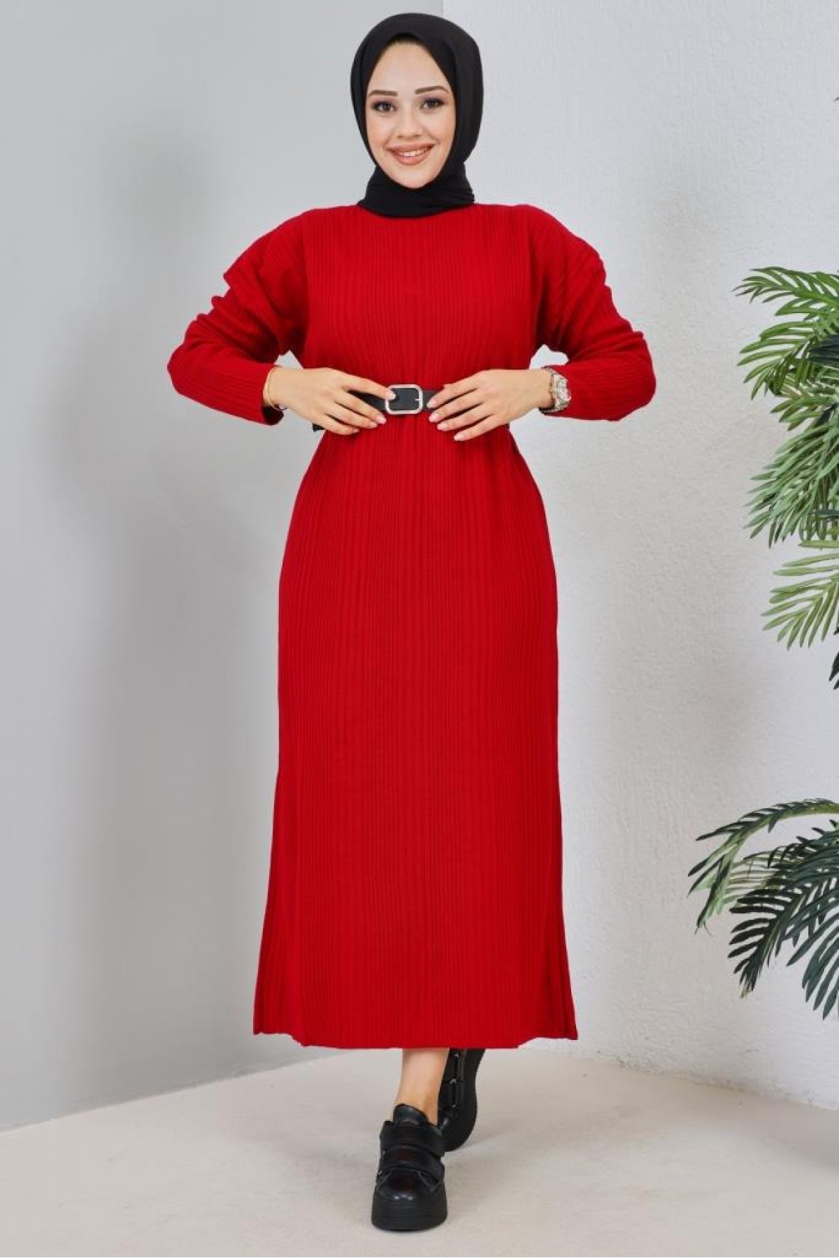  Fitilli Triko Elbise Kırmızı 2455
