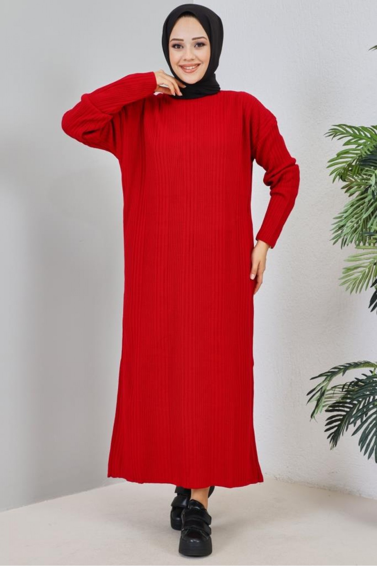  Fitilli Triko Elbise Kırmızı 2455