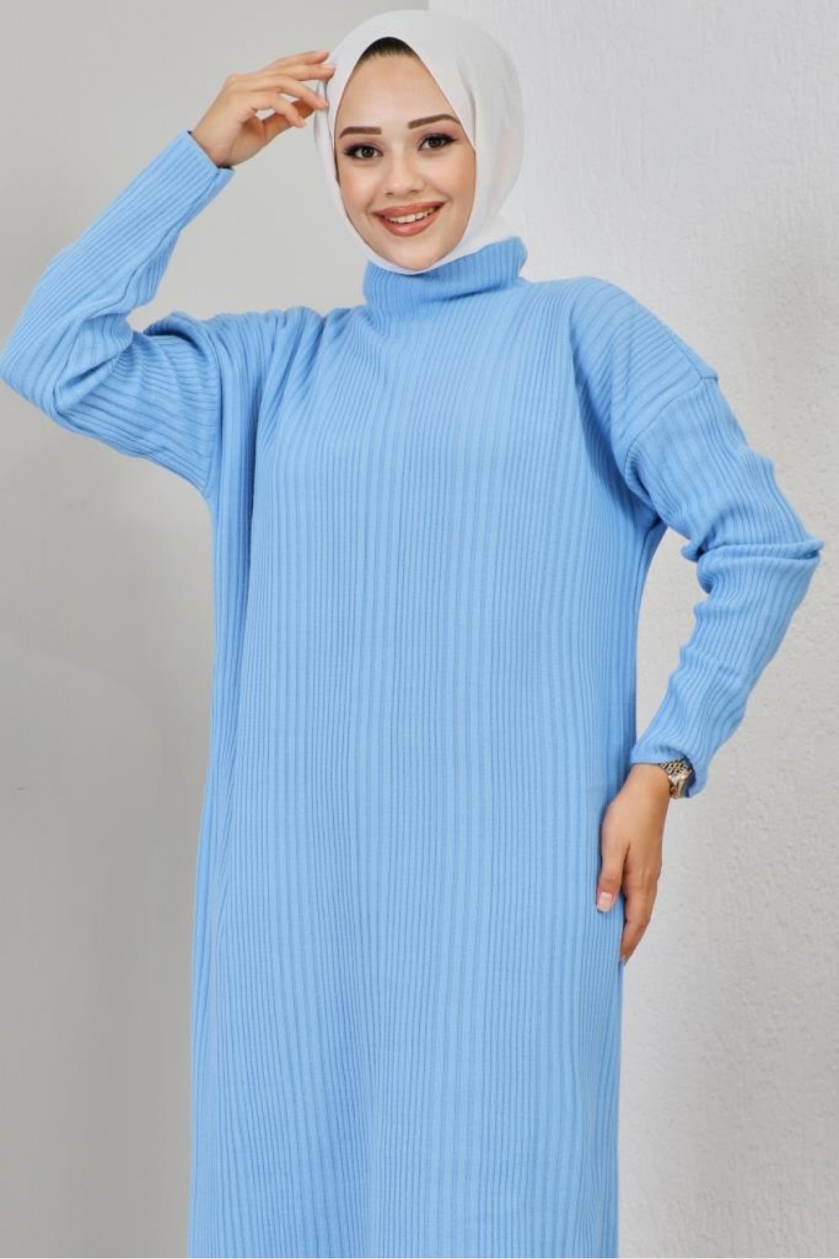 Fitilli Triko Elbise Mavi 2455 Fitilli Triko Elbise Mavi 2455