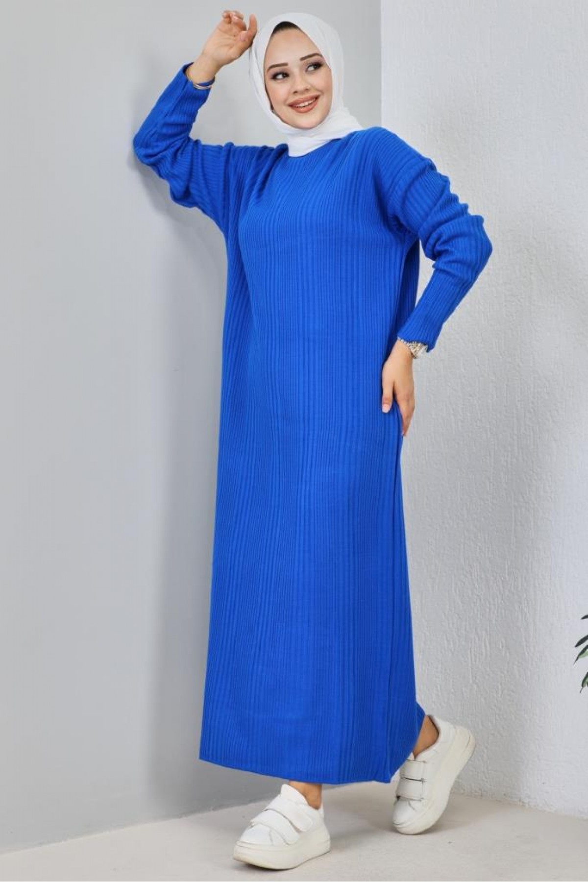 Fitilli Triko Elbise Saks Mavisi 2455 Fitilli Triko Elbise Saks Mavisi 2455