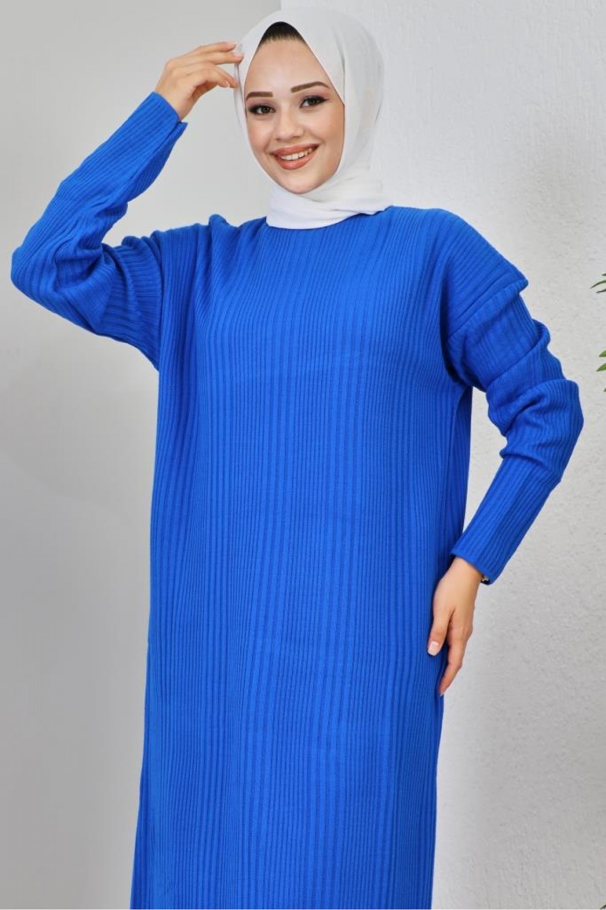 Fitilli Triko Elbise Saks Mavisi 2455 Fitilli Triko Elbise Saks Mavisi 2455