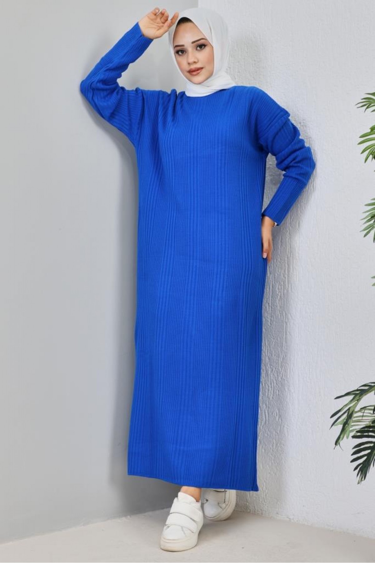 Fitilli Triko Elbise Saks Mavisi 2455 Fitilli Triko Elbise Saks Mavisi 2455