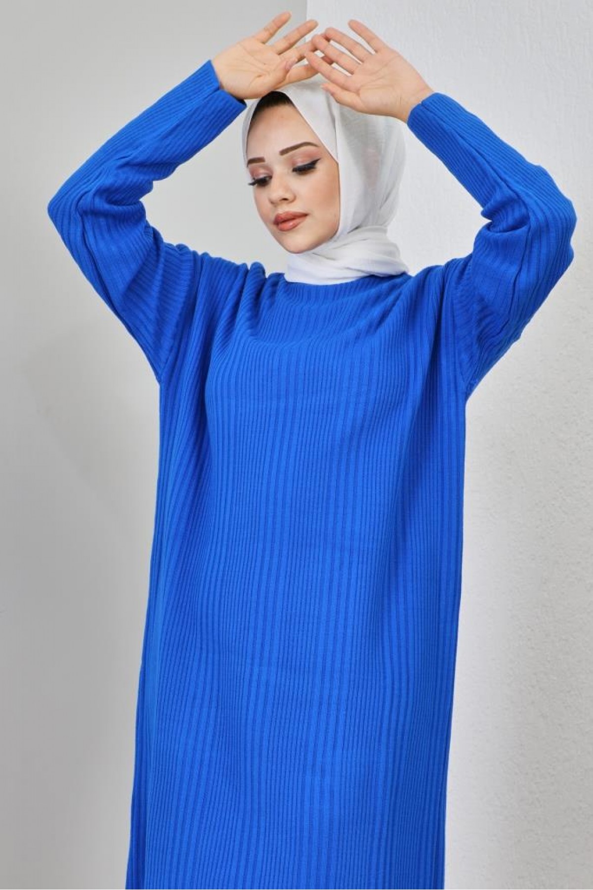 Fitilli Triko Elbise Saks Mavisi 2455 Fitilli Triko Elbise Saks Mavisi 2455