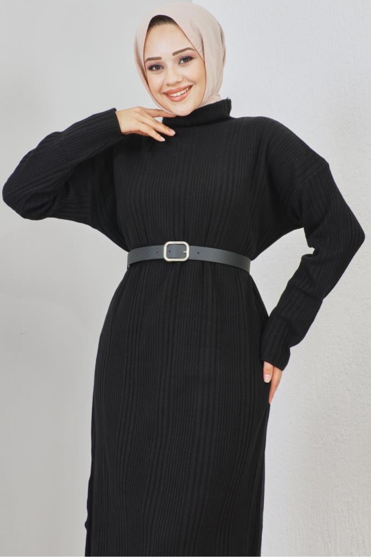 Fitilli Triko Elbise Siyah 2455 Fitilli Triko Elbise Siyah 2455