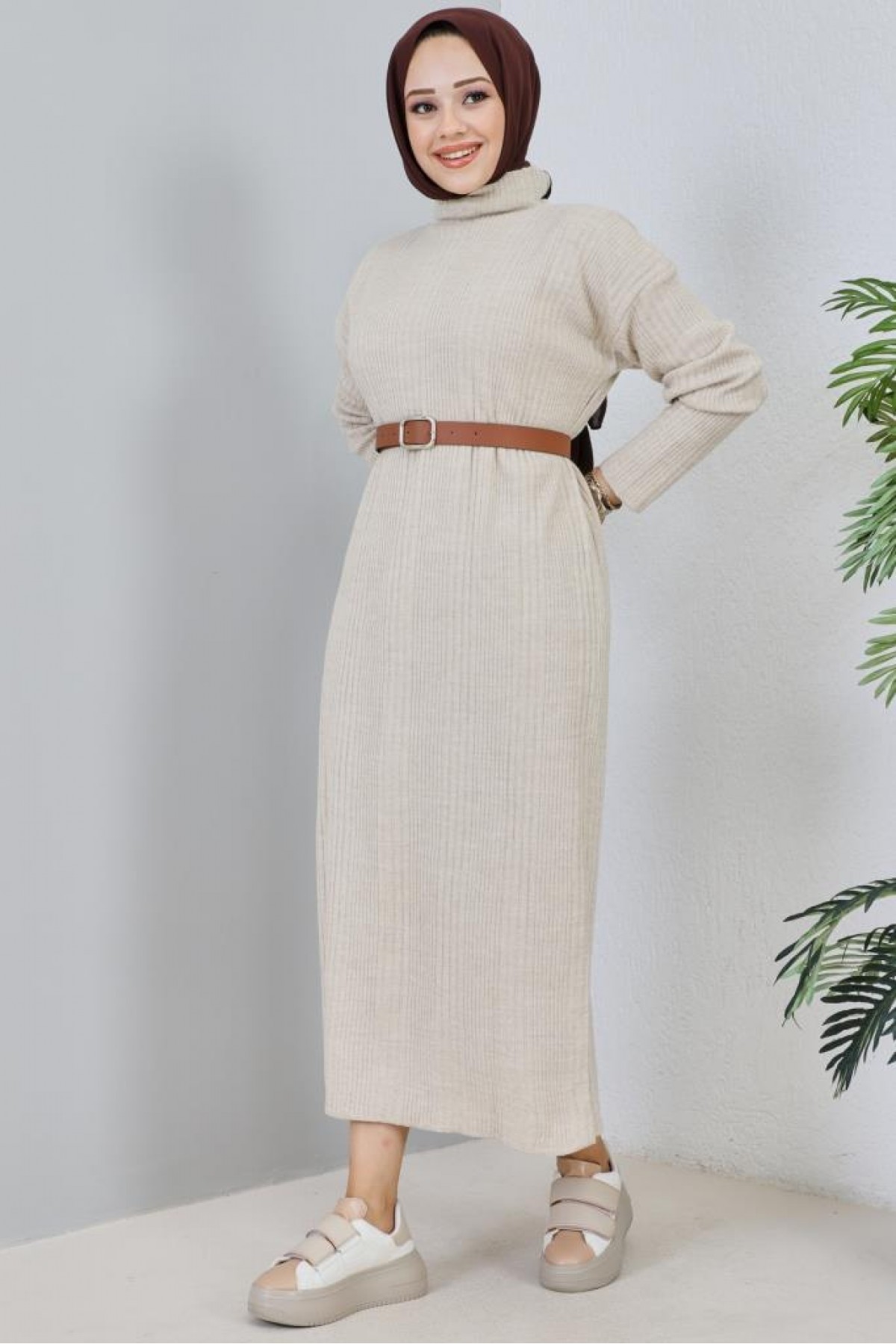 Fitilli Triko Elbise Taş Rengi 2455 Fitilli Triko Elbise Taş Rengi 2455