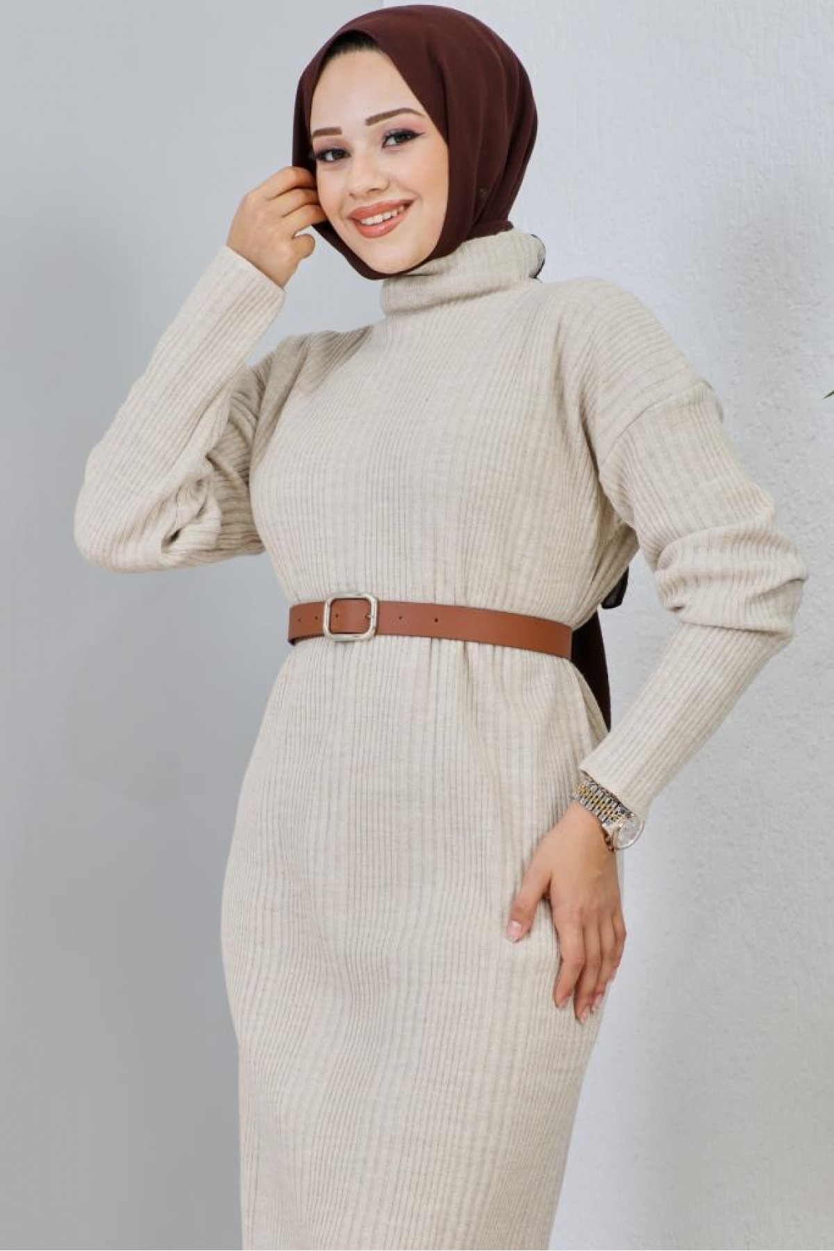 Fitilli Triko Elbise Taş Rengi 2455 Fitilli Triko Elbise Taş Rengi 2455
