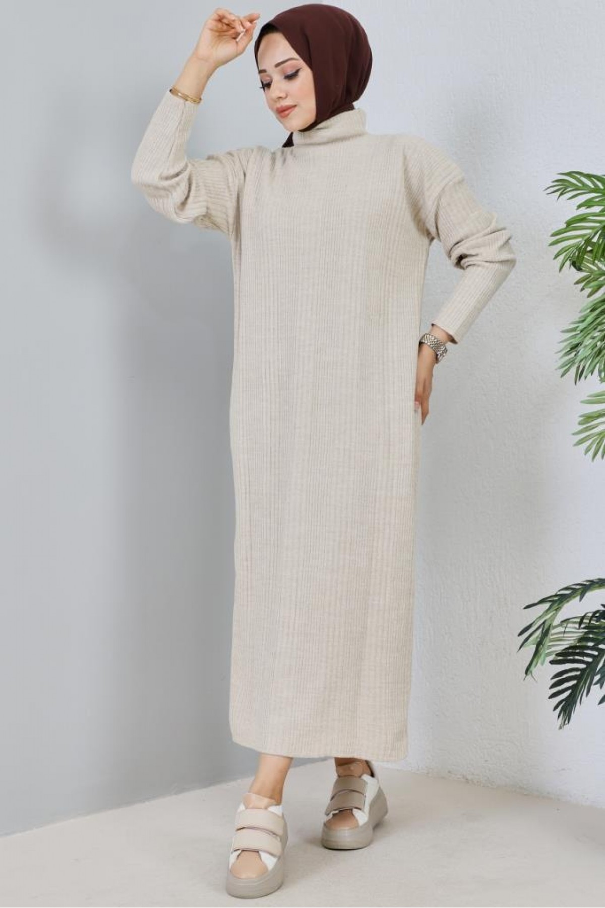 Fitilli Triko Elbise Taş Rengi 2455 Fitilli Triko Elbise Taş Rengi 2455