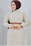 Fitilli Triko Elbise Taş Rengi 2455 Fitilli Triko Elbise Taş Rengi 2455