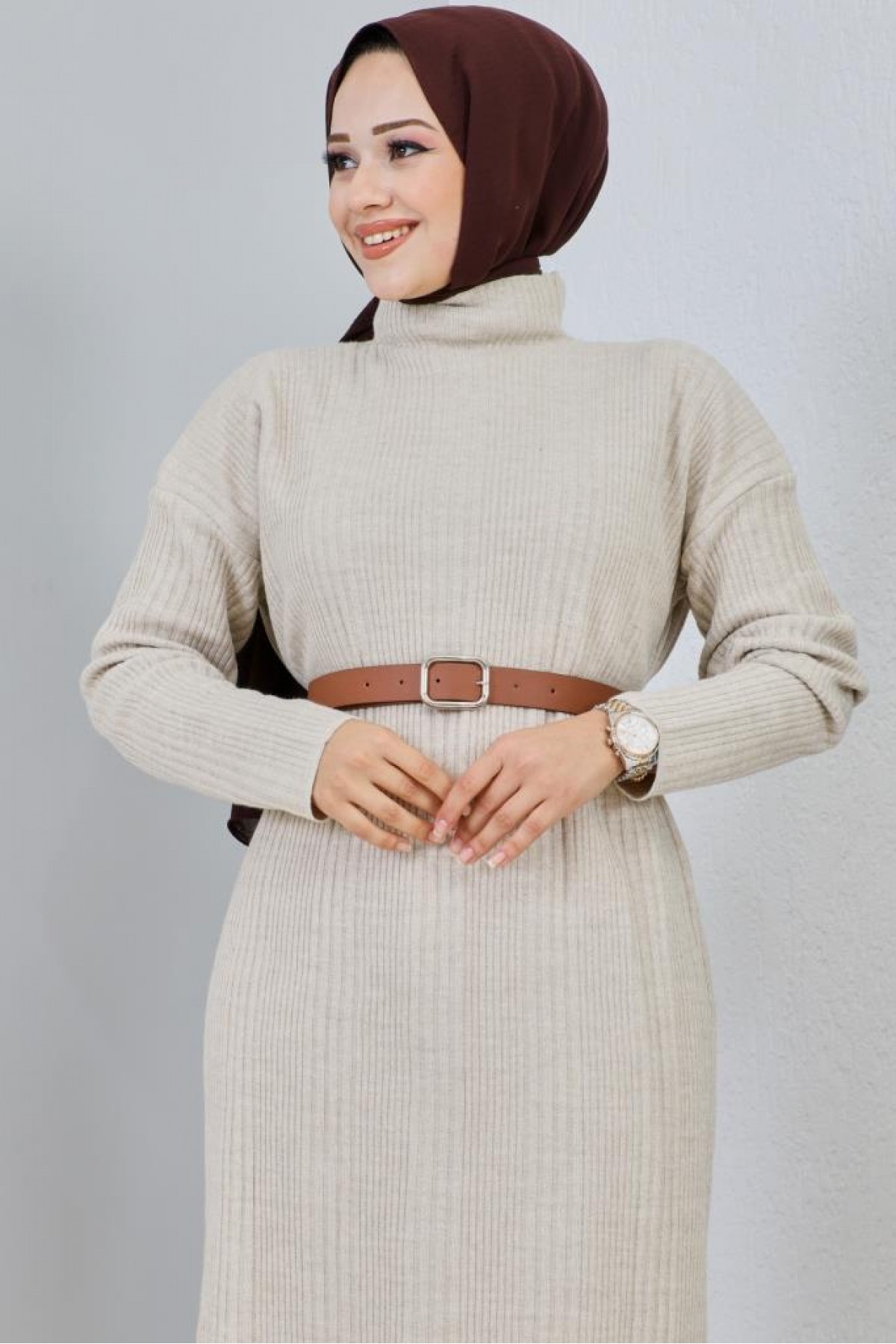 Fitilli Triko Elbise Taş Rengi 2455 Fitilli Triko Elbise Taş Rengi 2455