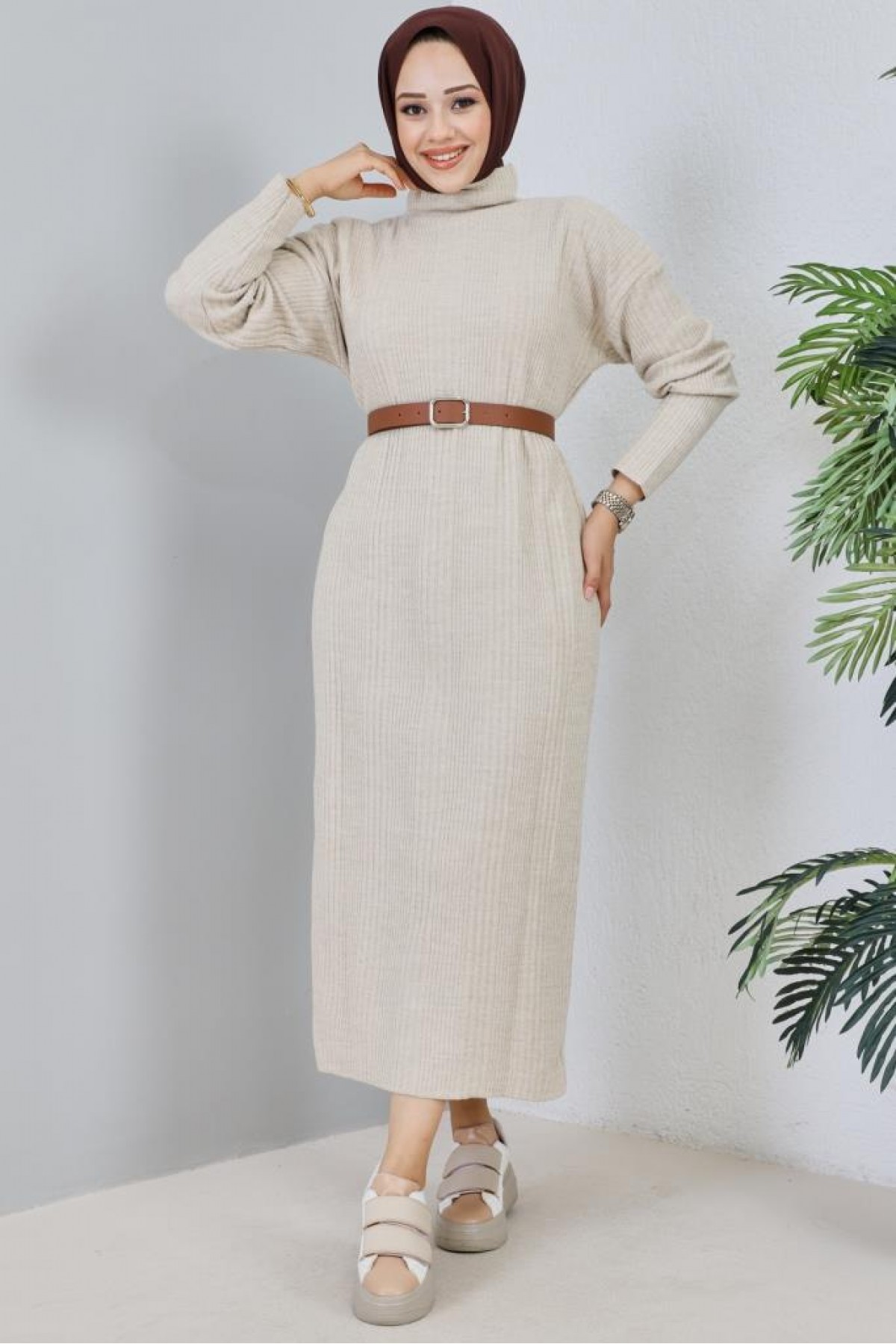 Fitilli Triko Elbise Taş Rengi 2455 Fitilli Triko Elbise Taş Rengi 2455