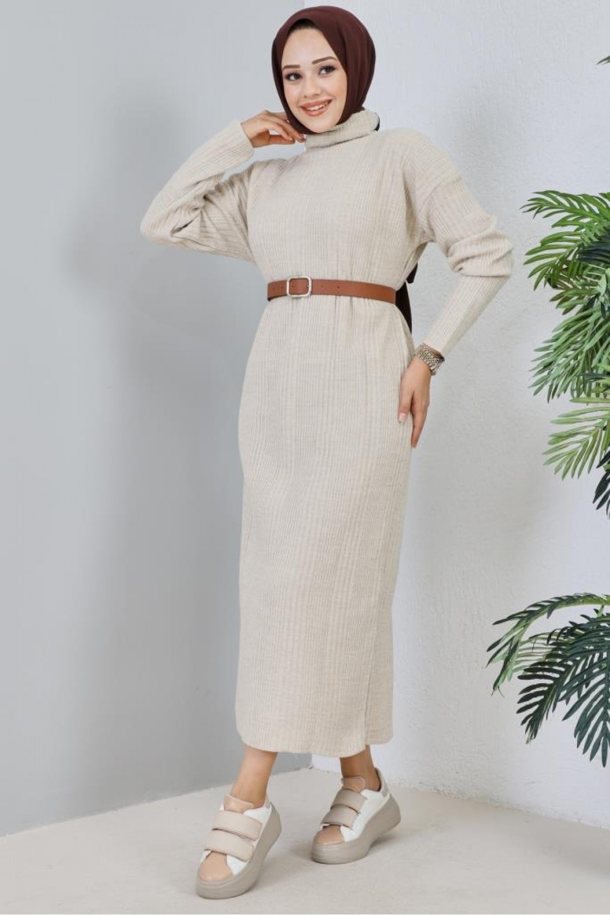Fitilli Triko Elbise Taş Rengi 2455 Fitilli Triko Elbise Taş Rengi 2455