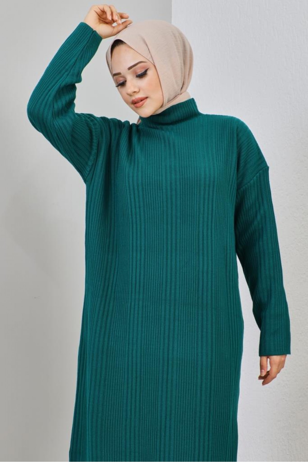 Fitilli Triko Elbise Zümrüt Yeşili 2455 Fitilli Triko Elbise Zümrüt Yeşili 2455