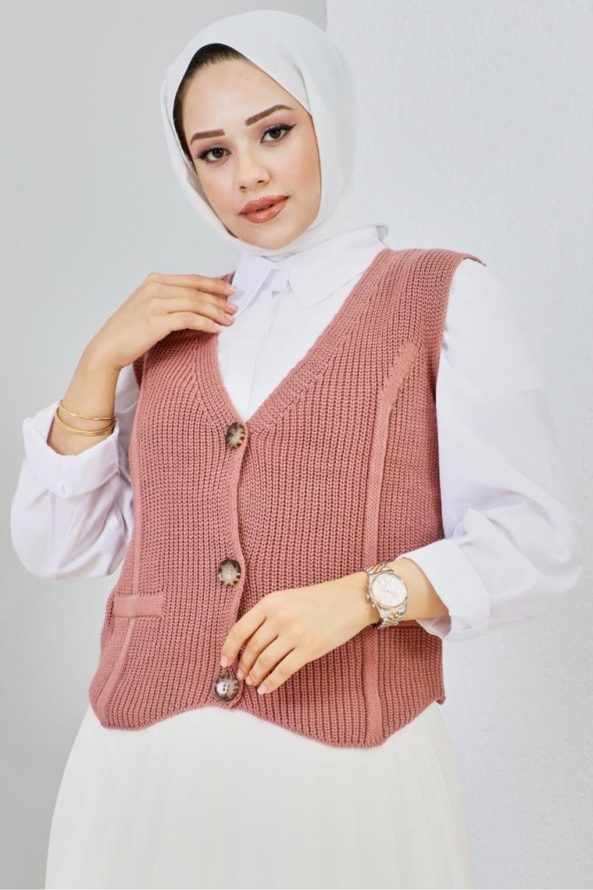  Düğme Detaylı Kısa Süveter Gül Kurusu 2440