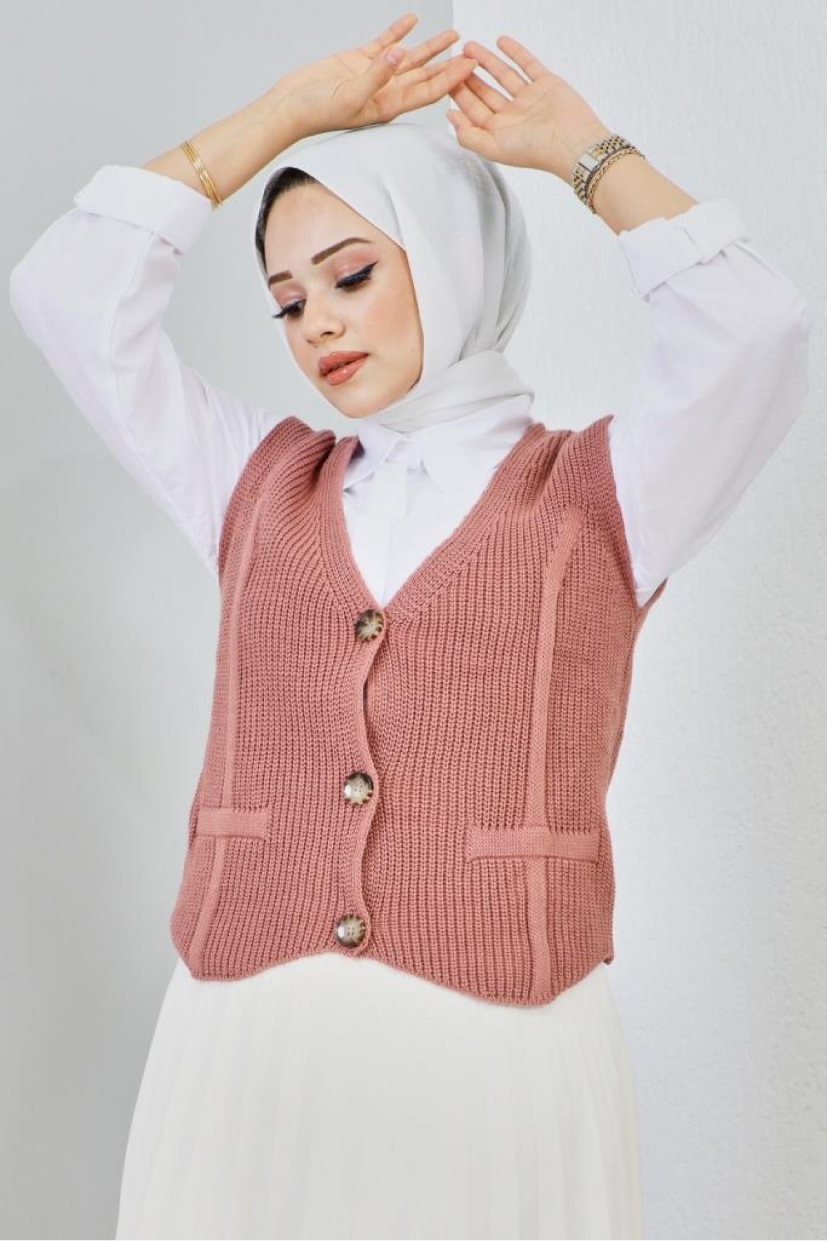  Düğme Detaylı Kısa Süveter Gül Kurusu 2440