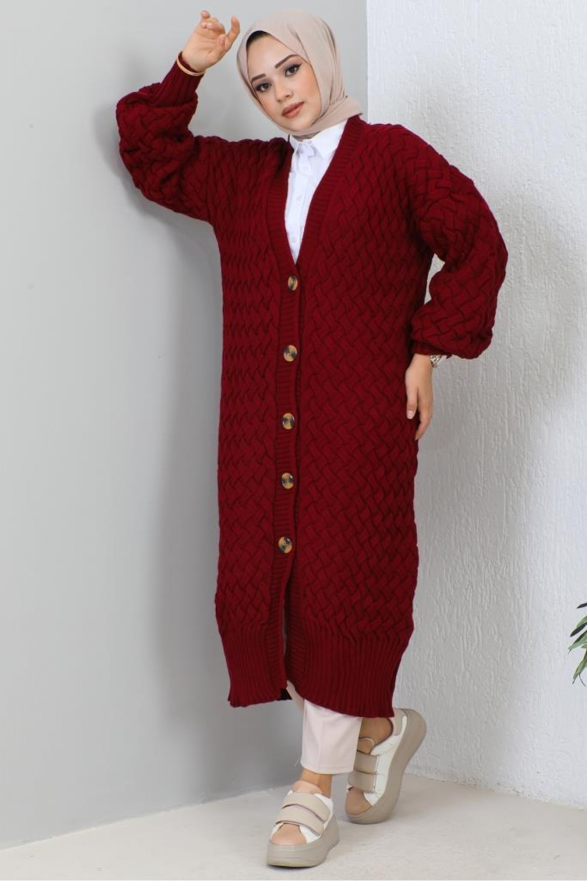 Örme Desenli Triko Hırka Bordo 2453 Örme Desenli Triko Hırka Bordo 2453
