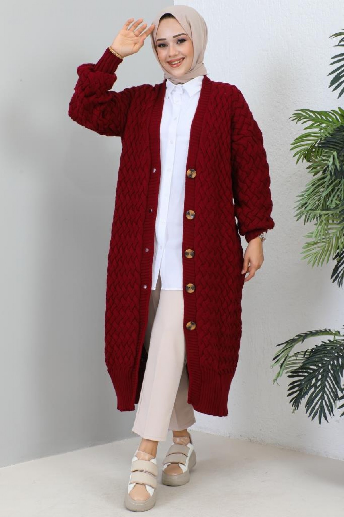 Örme Desenli Triko Hırka Bordo 2453 Örme Desenli Triko Hırka Bordo 2453
