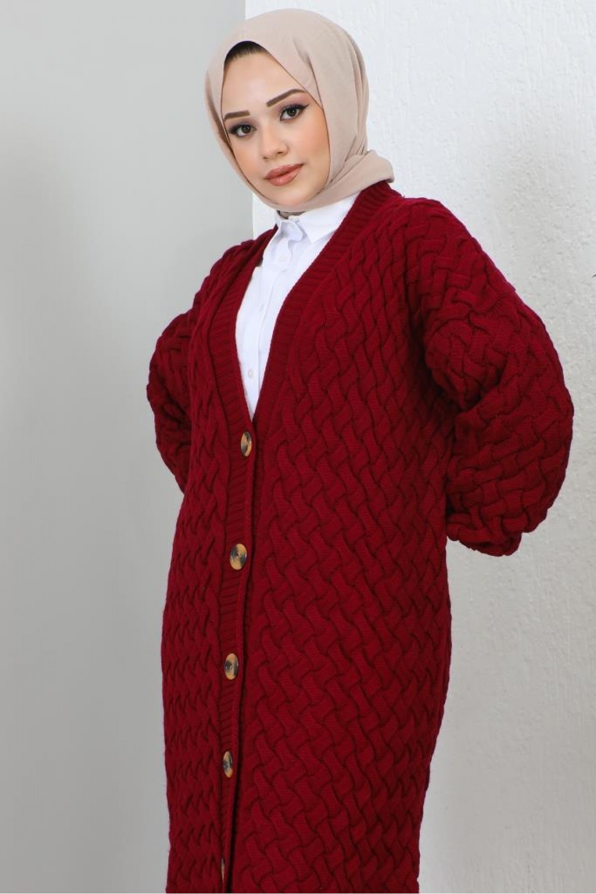 Örme Desenli Triko Hırka Bordo 2453 Örme Desenli Triko Hırka Bordo 2453