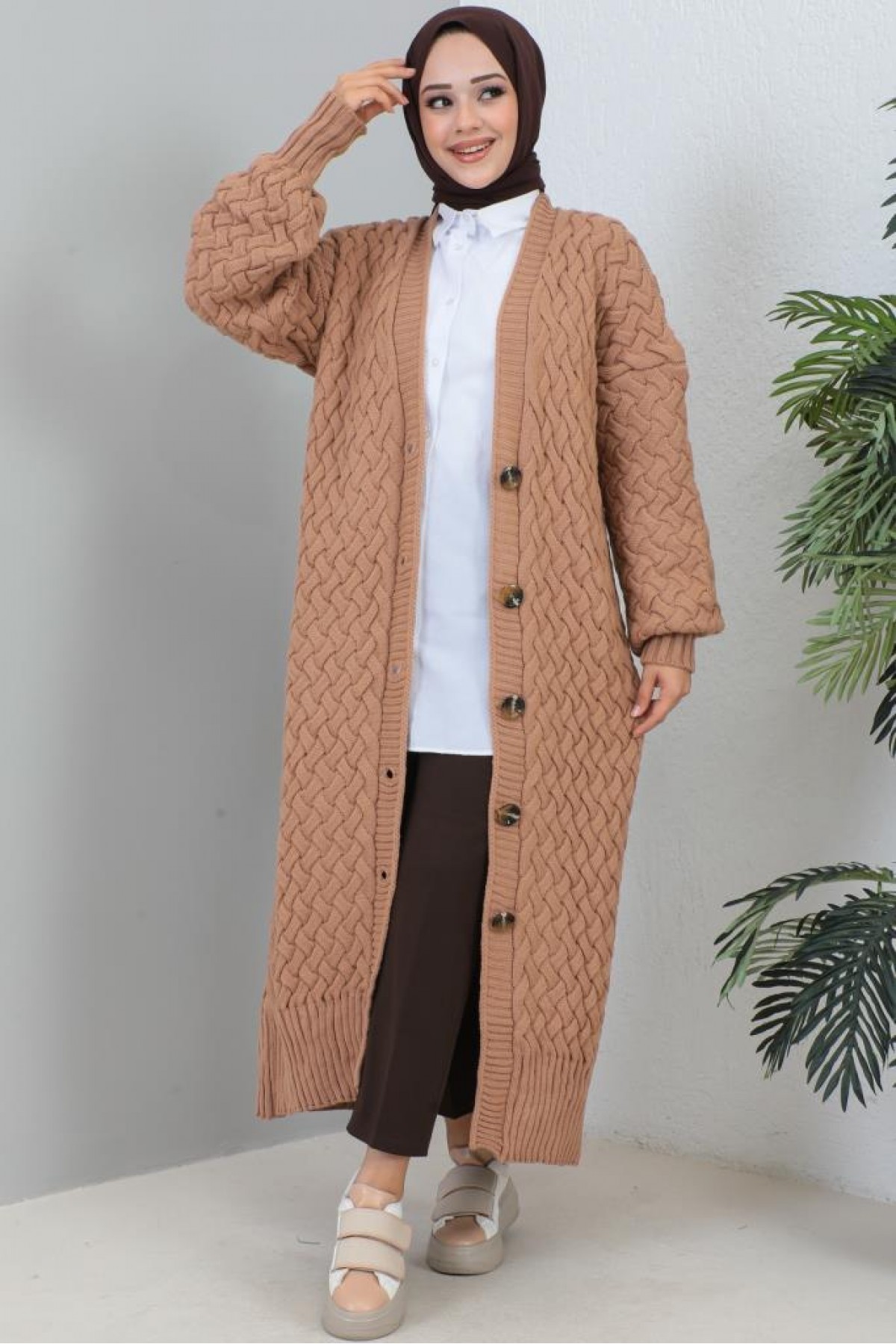 Örme Desenli Triko Hırka Camel 2453 Örme Desenli Triko Hırka Camel 2453