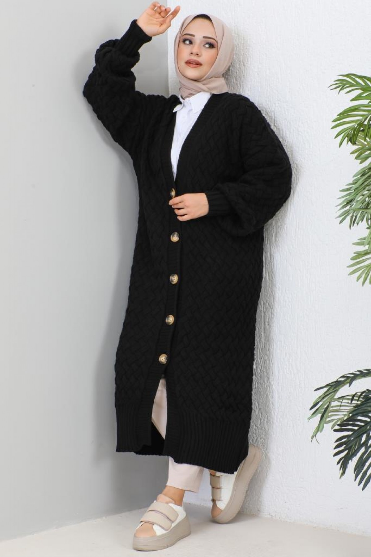  Örme Desenli Triko Hırka Siyah 2453