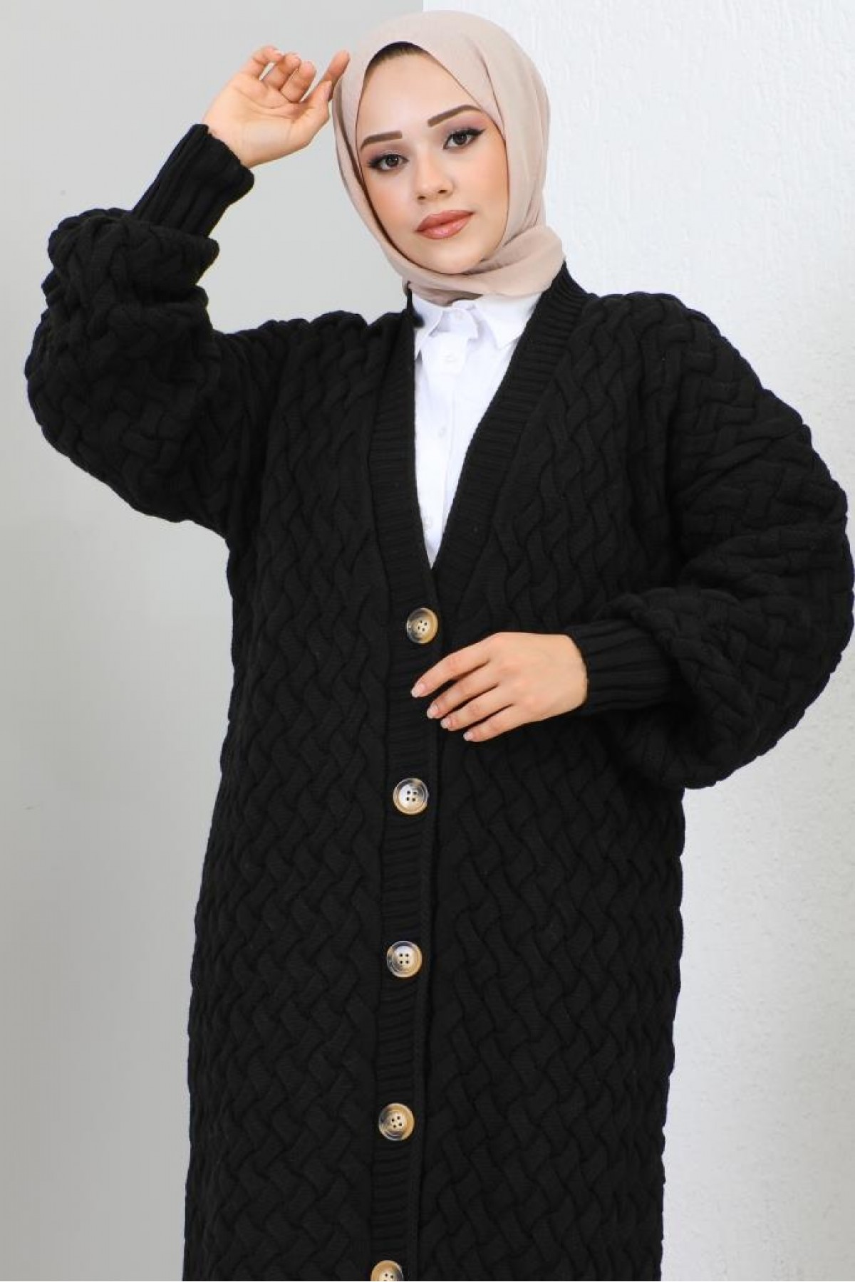  Örme Desenli Triko Hırka Siyah 2453