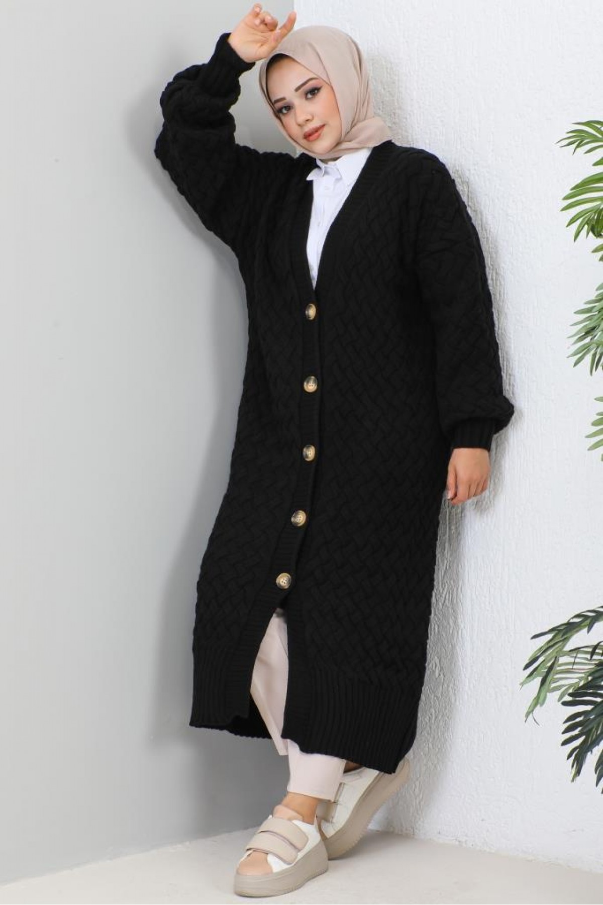  Örme Desenli Triko Hırka Siyah 2453
