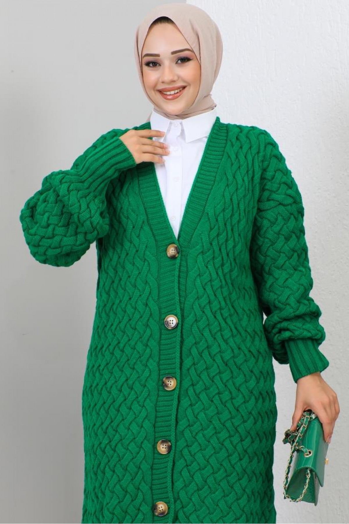 Örme Desenli Triko Hırka Yeşil 2453 Örme Desenli Triko Hırka Yeşil 2453