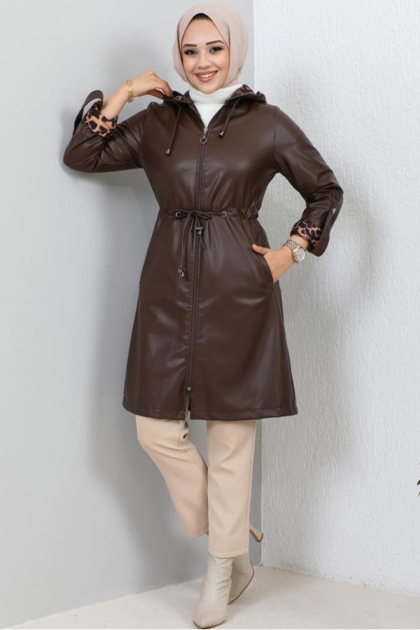 Kısa Deri Trençkot Kahverengi 5012