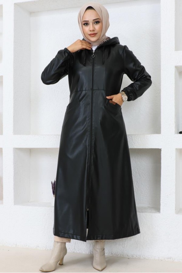 Uzun Tesettür Deri Trençkot-Kap Siyah 1250 Uzun Tesettür Deri Trençkot-Kap Siyah 1250