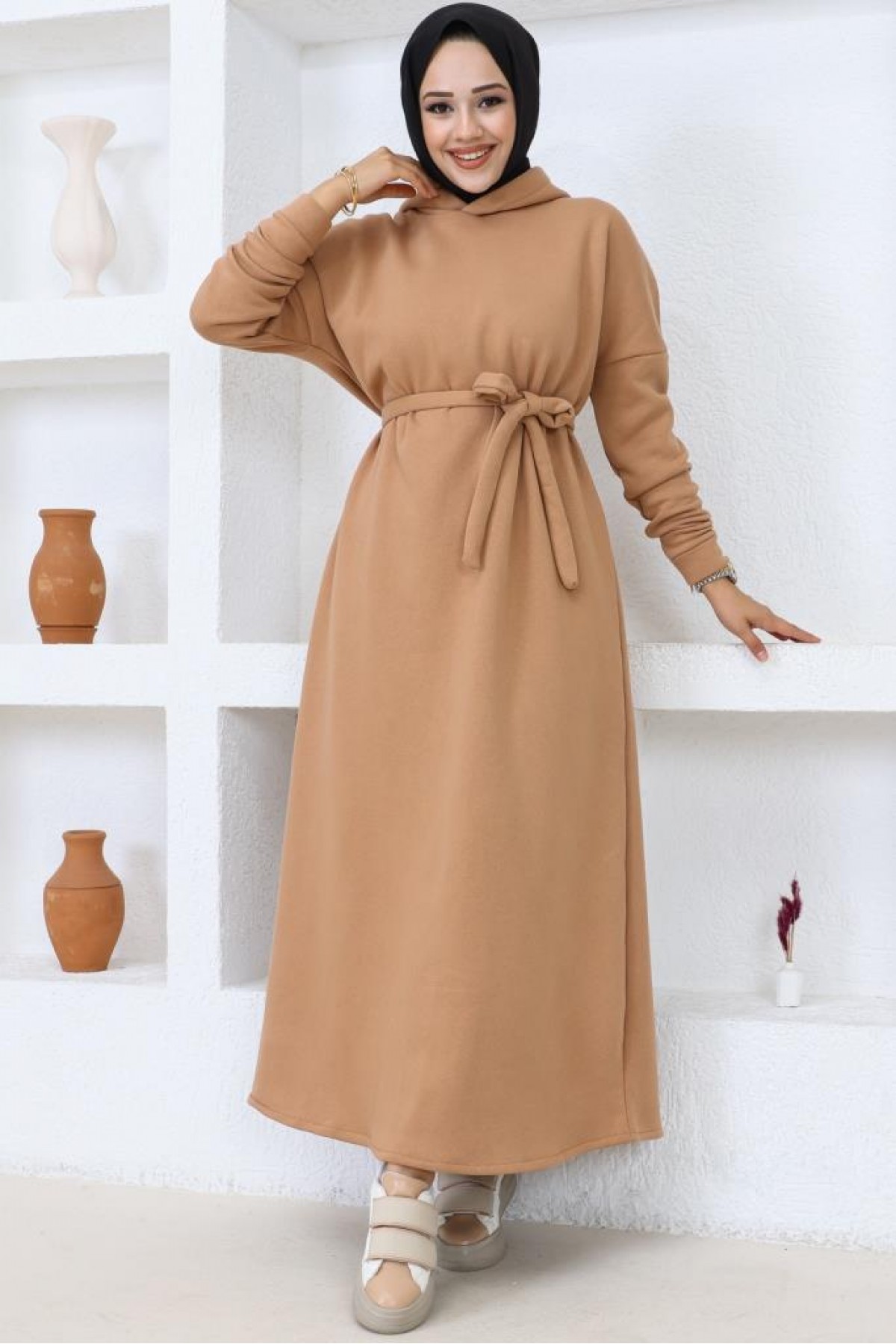 Üç İplik Kapüşonlu Elbise Camel 5651 Üç İplik Kapüşonlu Elbise Camel 5651