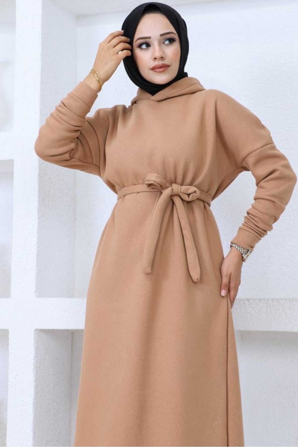 Üç İplik Kapüşonlu Elbise Camel 5651 Üç İplik Kapüşonlu Elbise Camel 5651