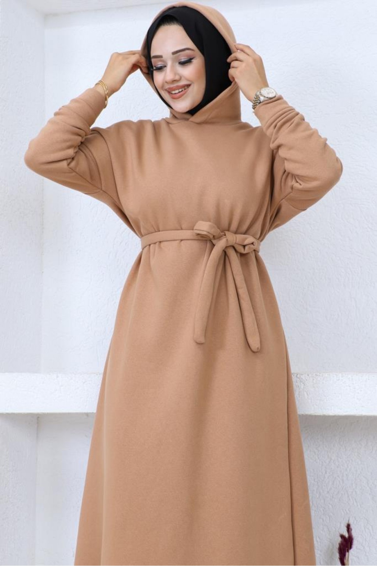 Üç İplik Kapüşonlu Elbise Camel 5651 Üç İplik Kapüşonlu Elbise Camel 5651