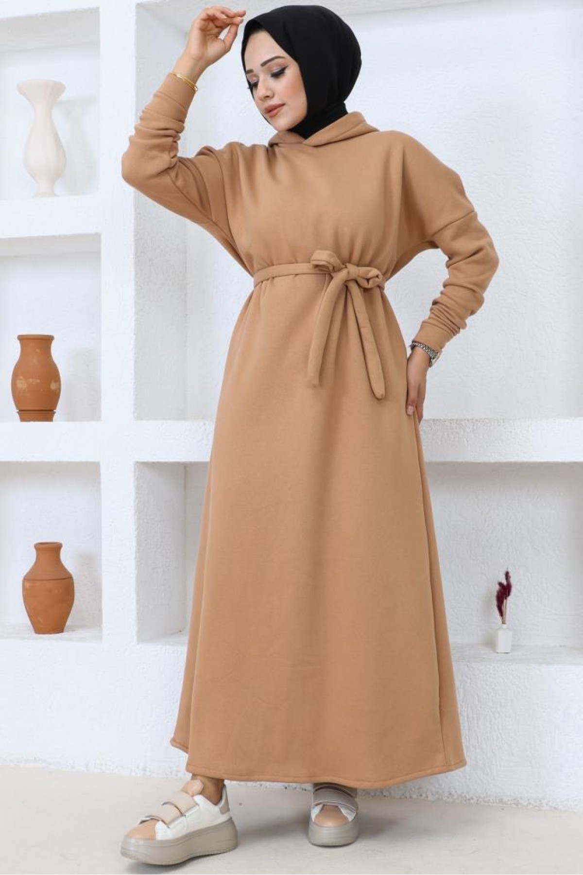 Üç İplik Kapüşonlu Elbise Camel 5651 Üç İplik Kapüşonlu Elbise Camel 5651