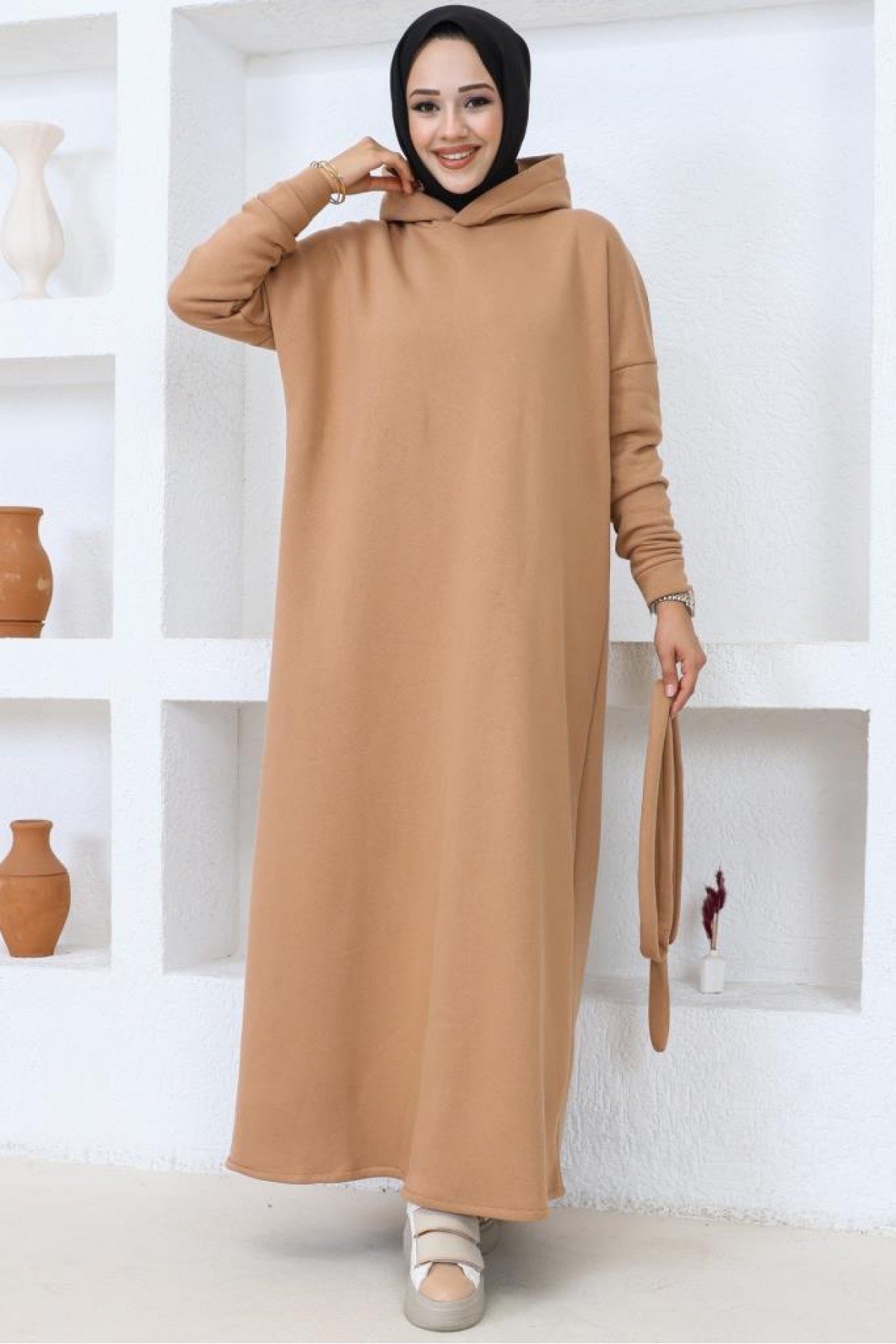 Üç İplik Kapüşonlu Elbise Camel 5651 Üç İplik Kapüşonlu Elbise Camel 5651