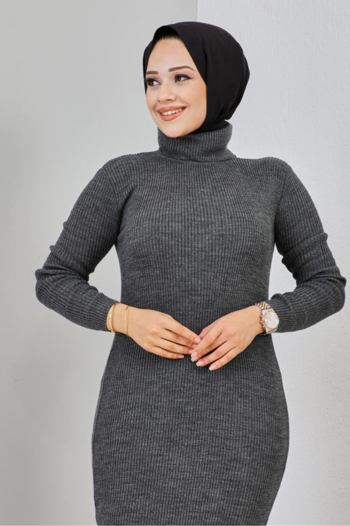 Fitilli Uzun Triko Elbise Antrasit 23100 Fitilli Uzun Triko Elbise Antrasit 23100