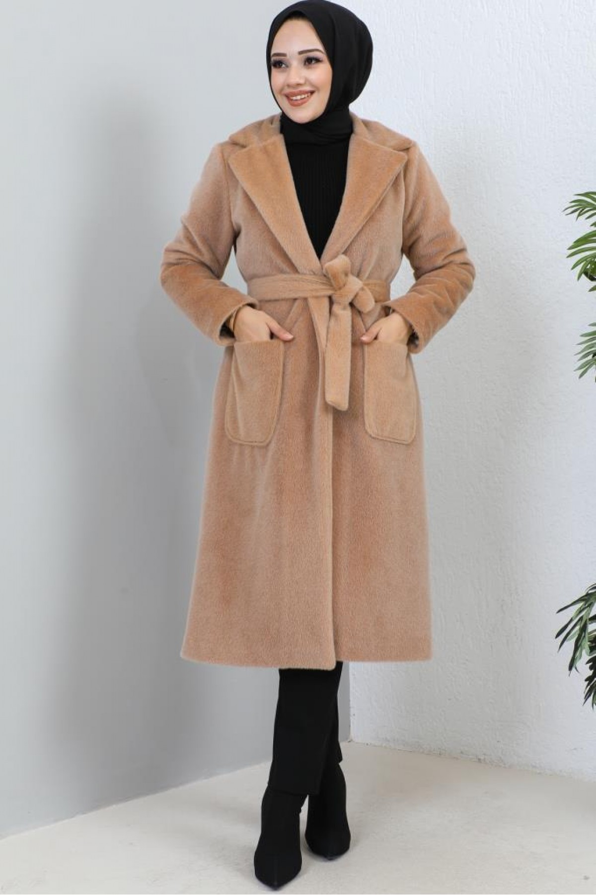 Beli Kuşaklı Kürk Kaban Camel 1069 Beli Kuşaklı Kürk Kaban Camel 1069